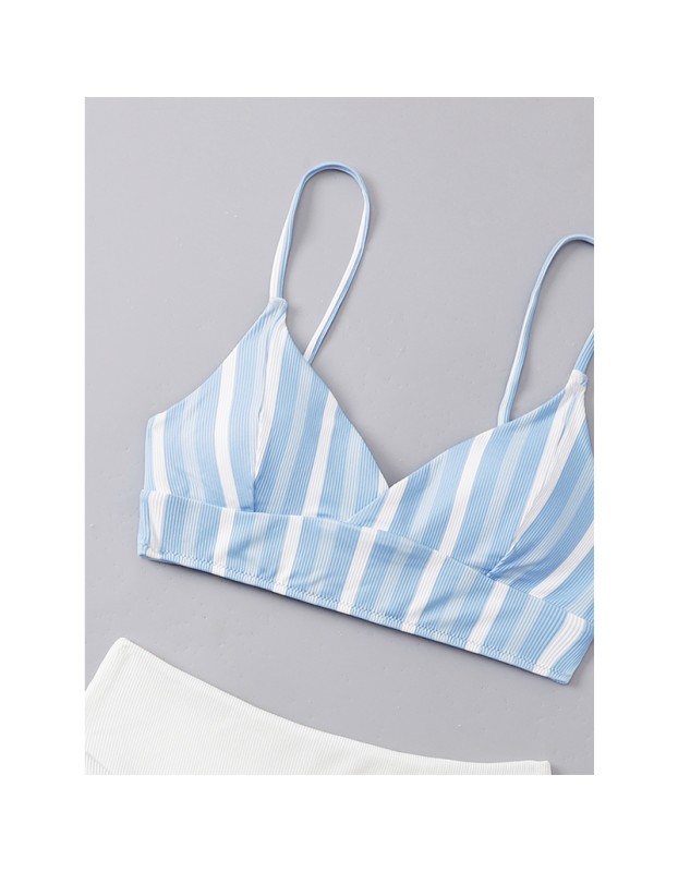 Women Blue White Wtriped Bikini Split Body Strap Swimsuit A2208