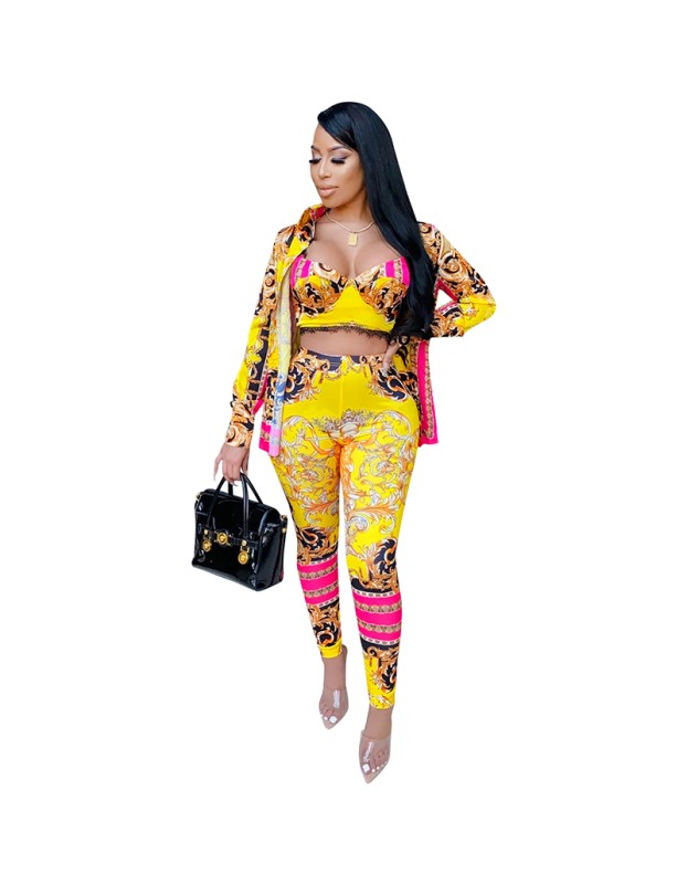 Milk Silk Women Sets Digital Printed Coat Vest Trousers Casual Suit X3690