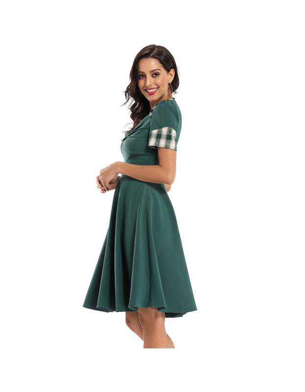 Color Contrast Dark Green Tuck Your Waist And Look Thin Dress Lady CD1769
