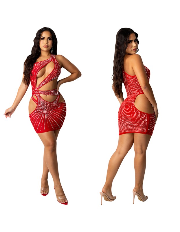 One Shoulder Skirt Evening Sexy Mesh Cut Out Dresses X5283