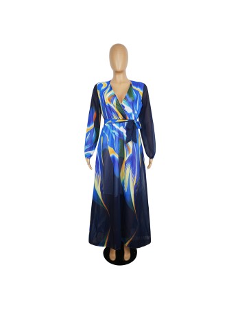 New Summer Printed Chiffon V-neck Maxi Dress M8380