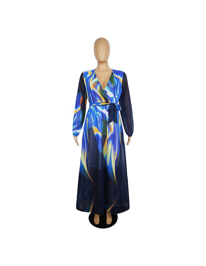 New Summer Printed Chiffon V-neck Maxi Dress M8380