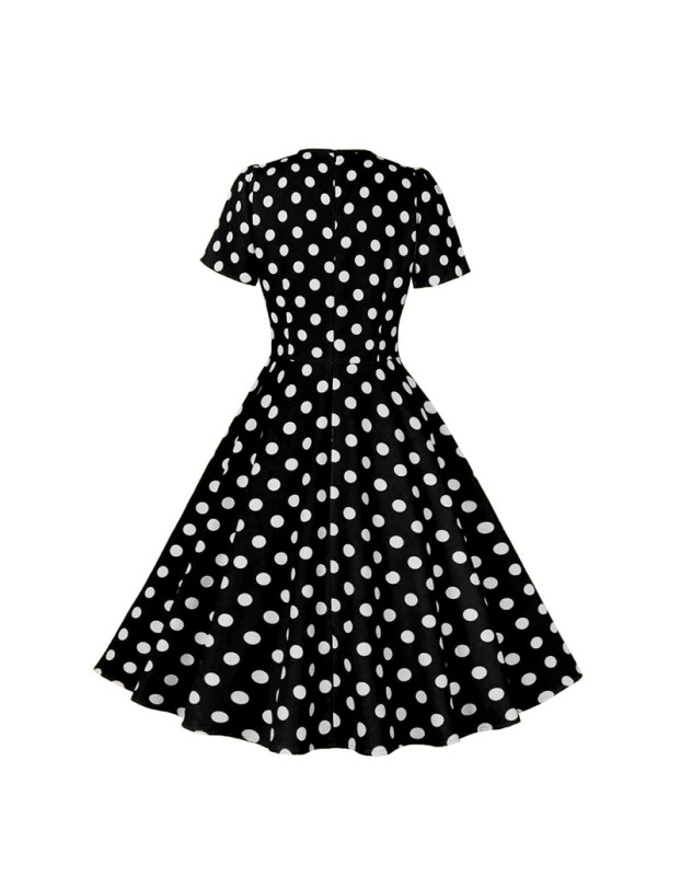 Hepburn Style Round Neck Bow Lace Up Polka Dot Retro Swing Dress Woman 5157