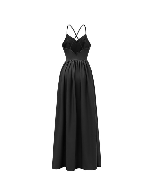 Sexy Backless Cross Slip Black Maxi Dresses Women Lady Elegant CD1686