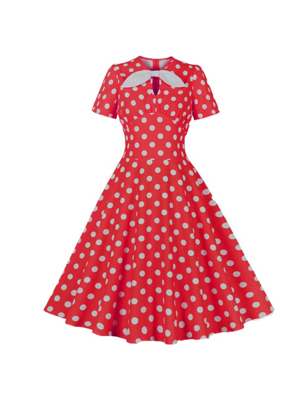 Hepburn Style Round Neck Bow Lace Up Polka Dot Retro Swing Dress Woman 5157