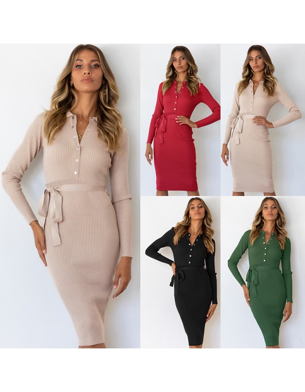 Solid Color Hedging Midi Elegant Casual Ladies Single Breasted Dress LQ170