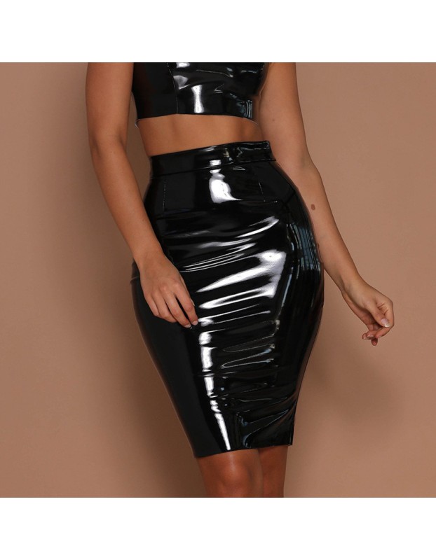 Slim Tight Half Skirt Mirror PU Leather High Waist Zipper Skirt SKT010