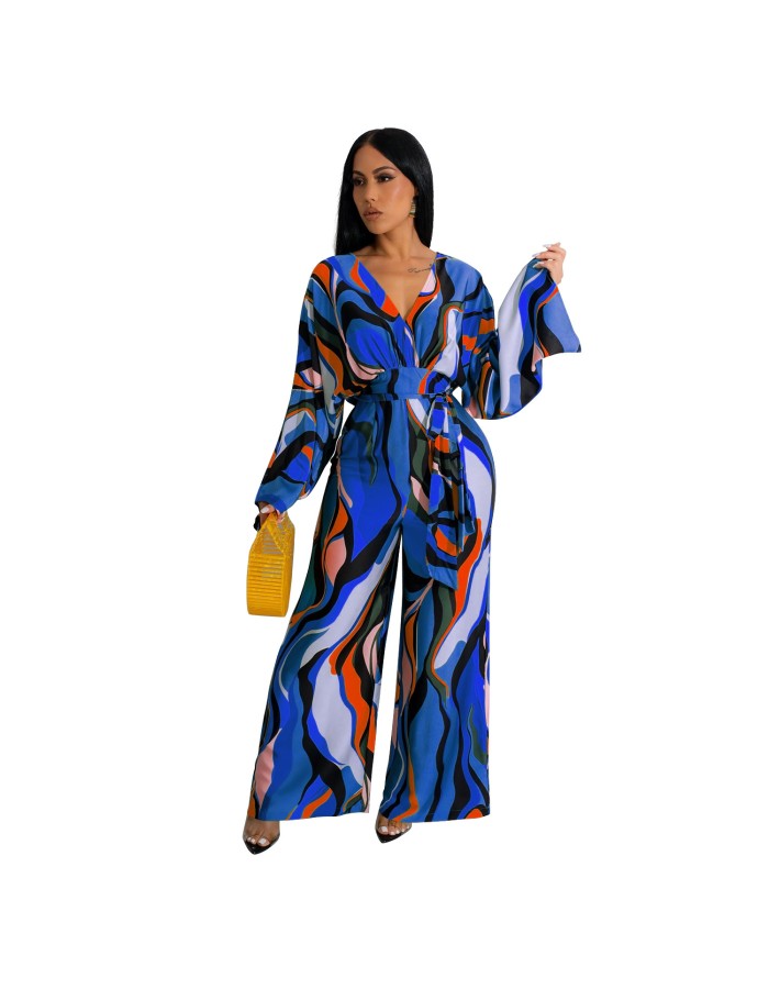 Fashion Sexy V-neck Long Sleeved Printed Wide Leg Jumpsuit For Women YM8631