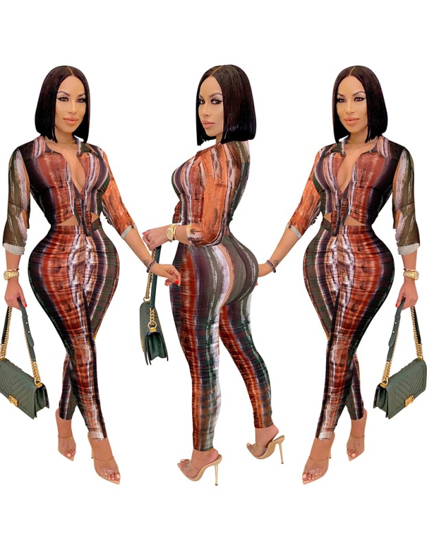Digital Print Women  V-neck Long Sleeve Pants Casual Two Piece Set X5281