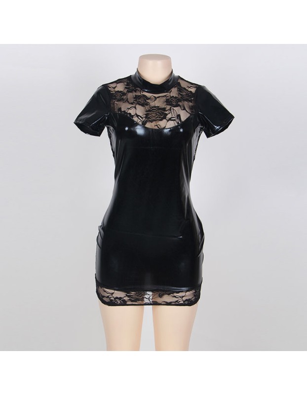 Sexy Lace Wetlook Leather Dress M7314