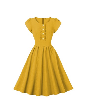Vintage Women Bubble Short Sleeve Button Design Big Swing Mid Length Dress 5043
