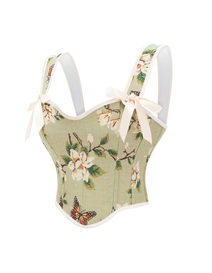Green Vintage Floral Halter Corset Vest Cropped Tops 22053