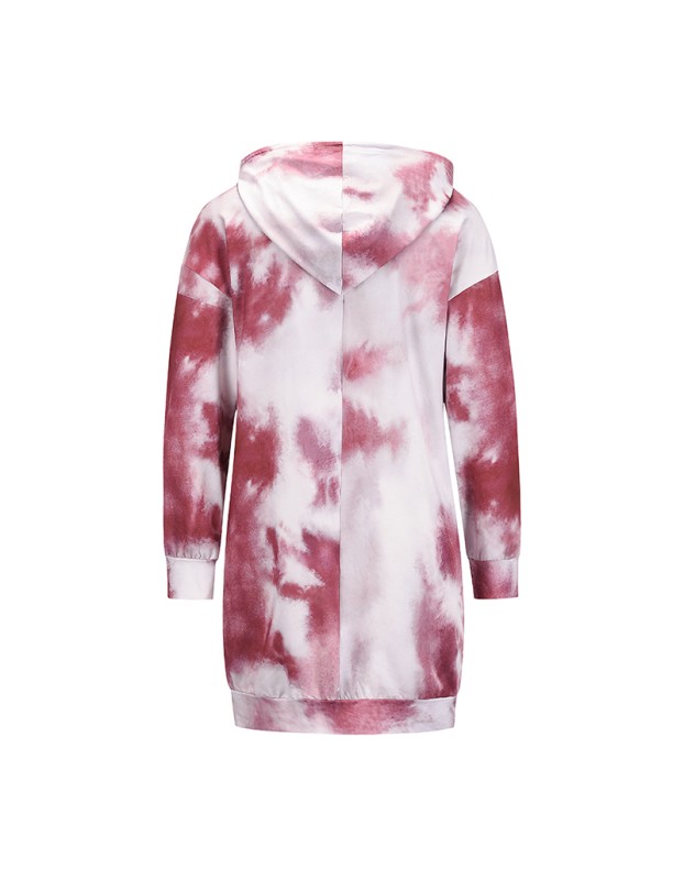 Mid-Length Pullover O-Neck Casual Tie Dye Printed Sweater Hoodie Dress LQ155