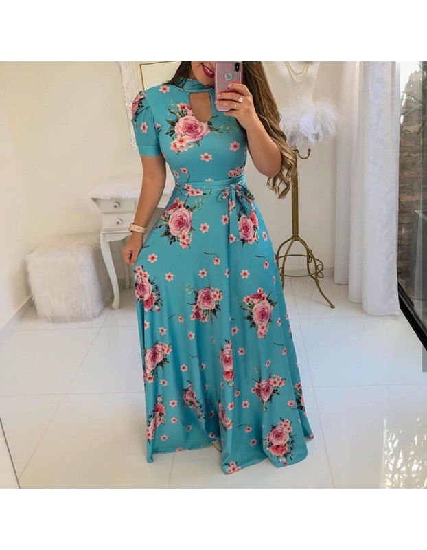 Casual Short Sleeve Long Boho Floral Print Maxi Dress M8410