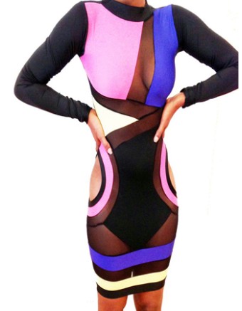 Mix Colors Long Sleeves Bandage Adult Bodycon Dress M3822