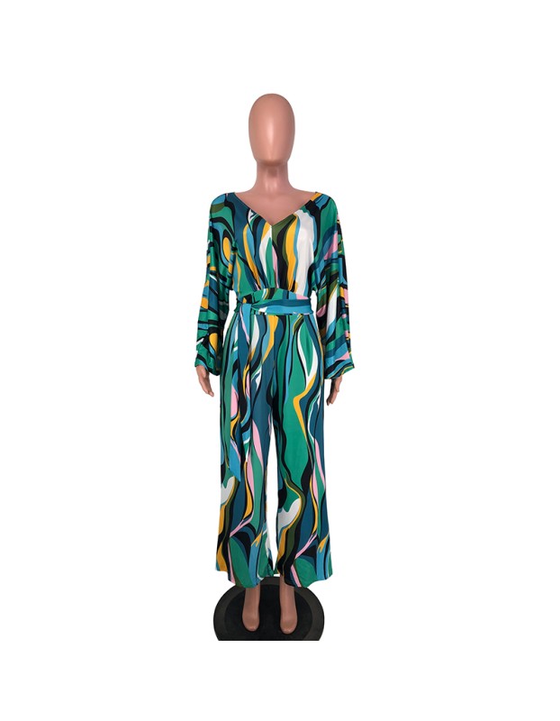 Fashion Sexy V-neck Long Sleeved Printed Wide Leg Jumpsuit For Women YM8631