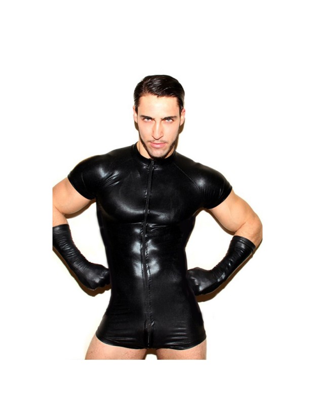 Mens Mesh Lingerie Bodysuits Sexy Catsuit Latex Stretch PVC Jumpsuit M6016