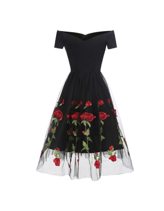 Vintage Black Dress with Red Roses M30411