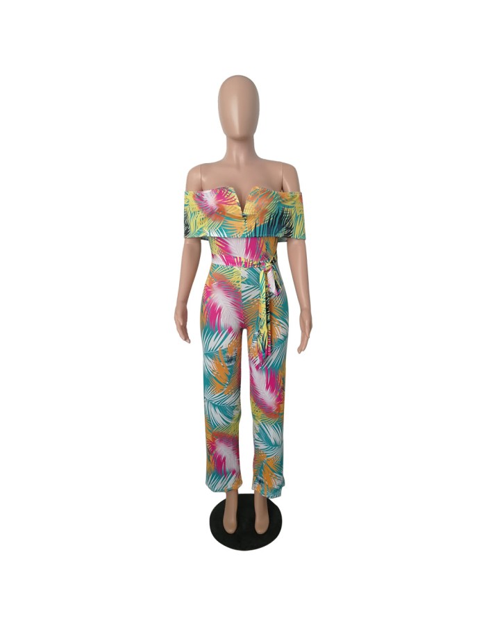 Boho Style Tropical Print Off Shoulder Ruffle Beach Rompers M8420
