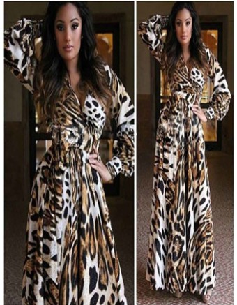 Tiger Print Long Sleeve Long Dress M2317