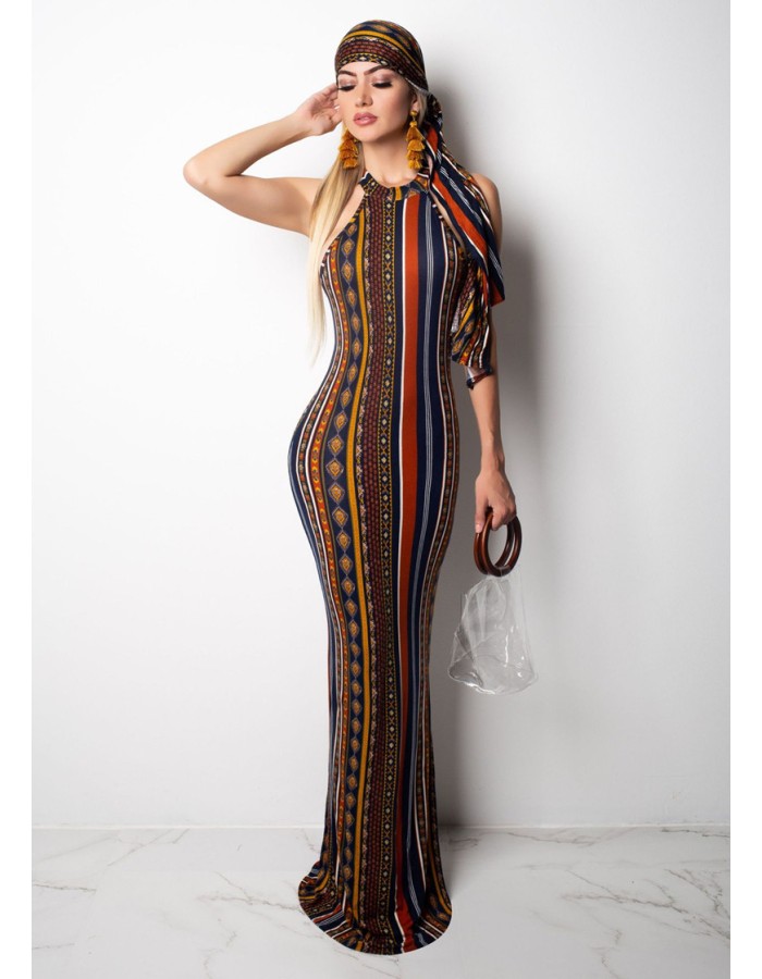 High Stretch Sexy Striped Bodycon Dress With Head Scarf M8288