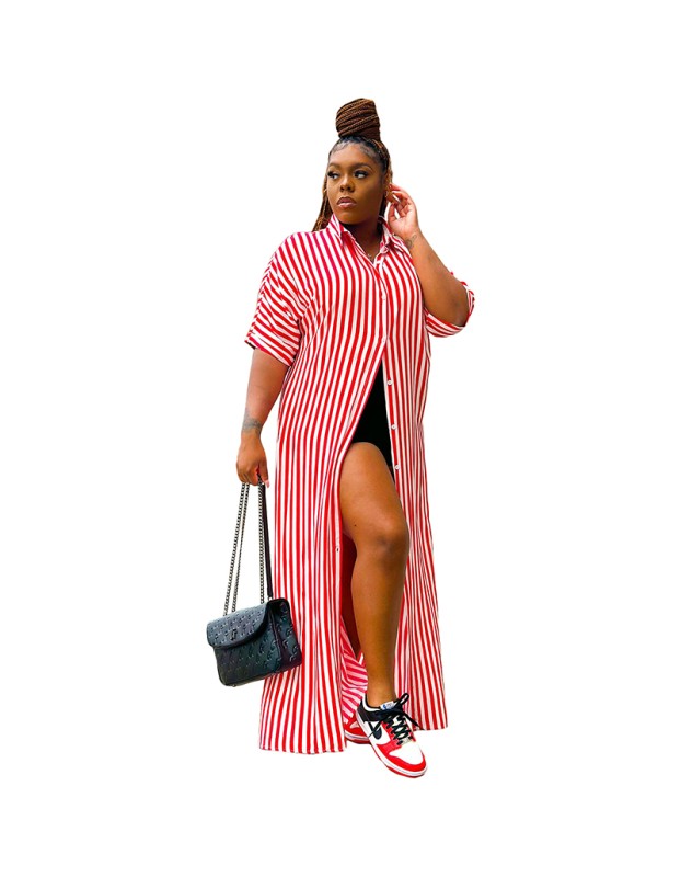 Fashion Striped Women's Shirt Long Casual Dress 9414