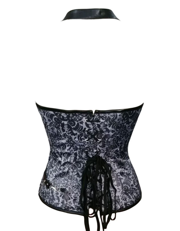 white and black Zipper Front leather cup top corset Halter design chain 14 steel boned corset