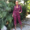 Full Sleeve Zipper V Neck Lady Sexy Leopard Jumpsuit M8474