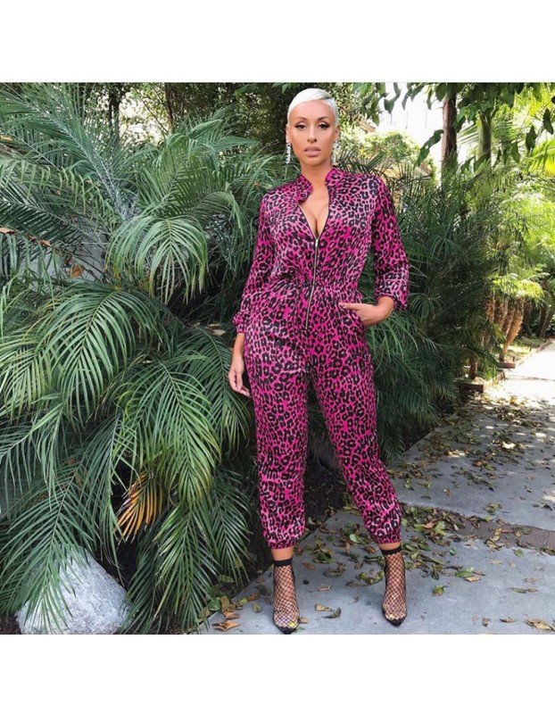 Full Sleeve Zipper V Neck Lady Sexy Leopard Jumpsuit M8474