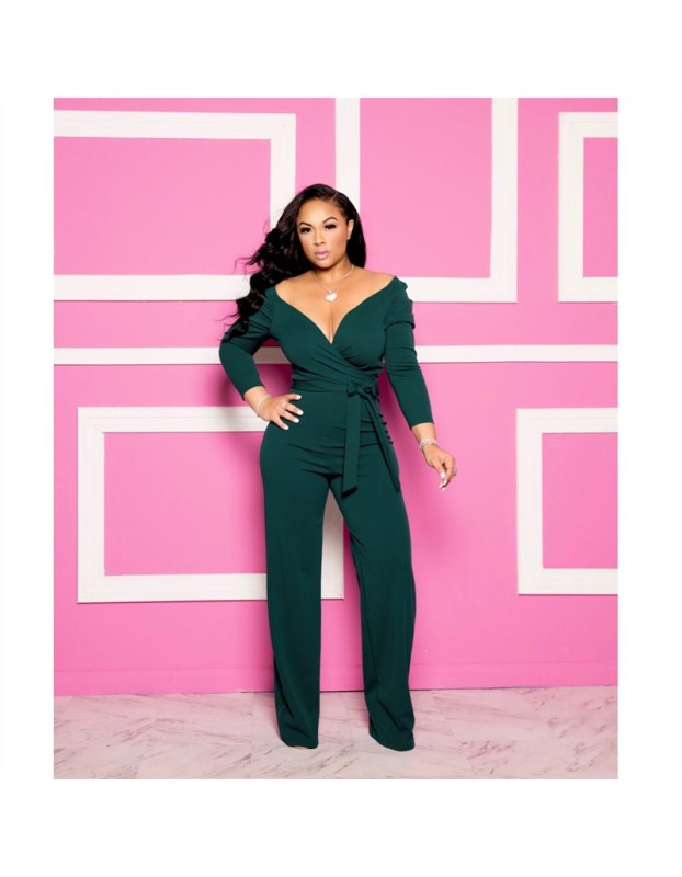 Womens Solid Sexy Deep V Neck Full Sleeve Jumpsuits Belt M9202