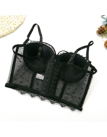 Black Polka Dot Corset Sexy Women Mesh Gauze Perspective Wipe Chest KN8055