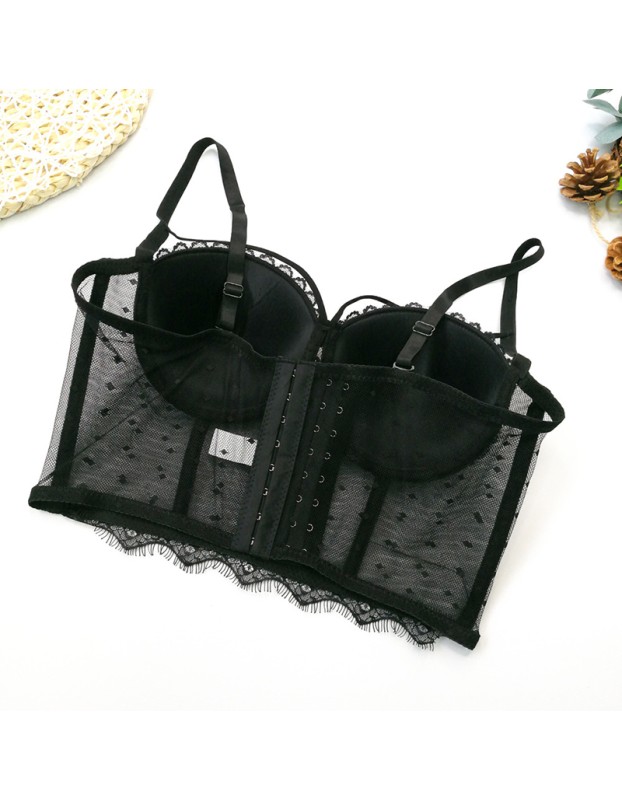 Black Polka Dot Corset Sexy Women Mesh Gauze Perspective Wipe Chest KN8055