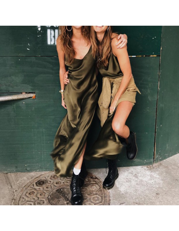 Sexy Split Satin Spaghetti Strap V Neck Long Dress M8391