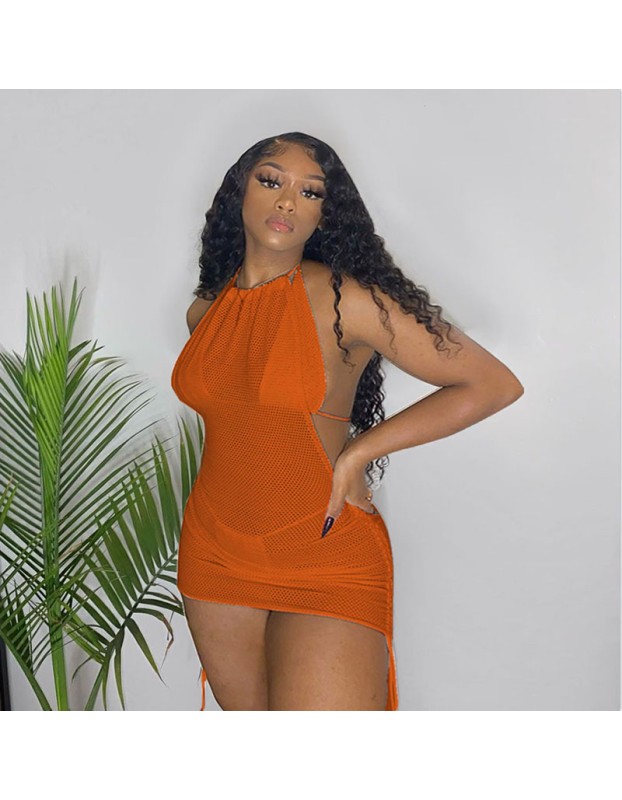 Pure Color Mesh Tight-Fitting Straps Sexy Mini Bikini Swimsuit Three Piece Set M076