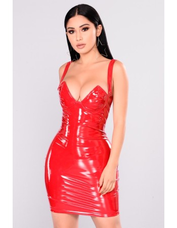 Straps V-neck PU Leather Bodycon Party Dress M7306