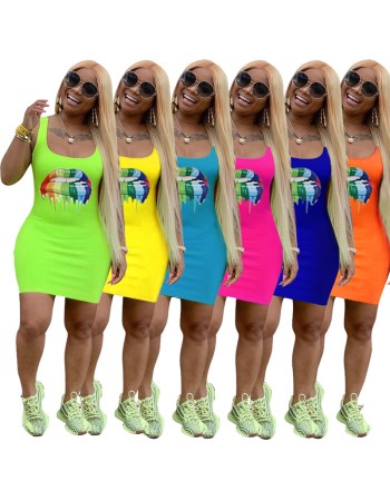 Lips Printed T-Shirt Basic Vest Dress m8441
