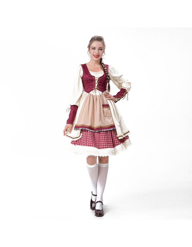 Halloween Maid  Adult Red Plaid Dress Cosplay Red Cape Play Costume YM8735