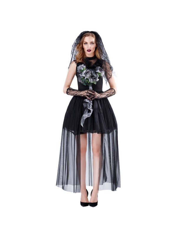 Black Lace Corpse Ghost Bride Fancy Outfit m40686