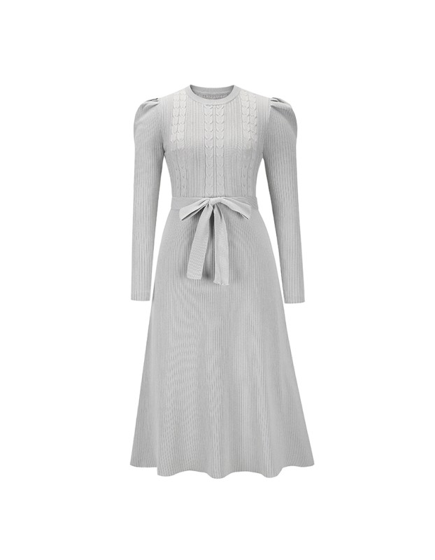Mid-Length Wool Knit Puff Sleeve Casual High Waisted Loose Fall Dresses LQ163