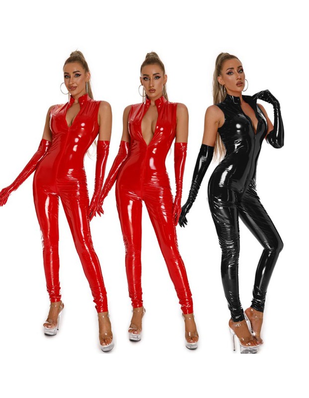 Glossy PU Mirror Sexy Bodysuit Zipper Crotch One Piece Leather Jumpsuit 6845