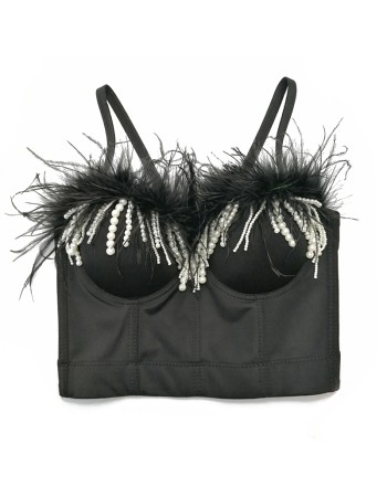 Feather Short Crop Sexy Nailed Beaded Tassel Breast Shaper Stage Top KN8130