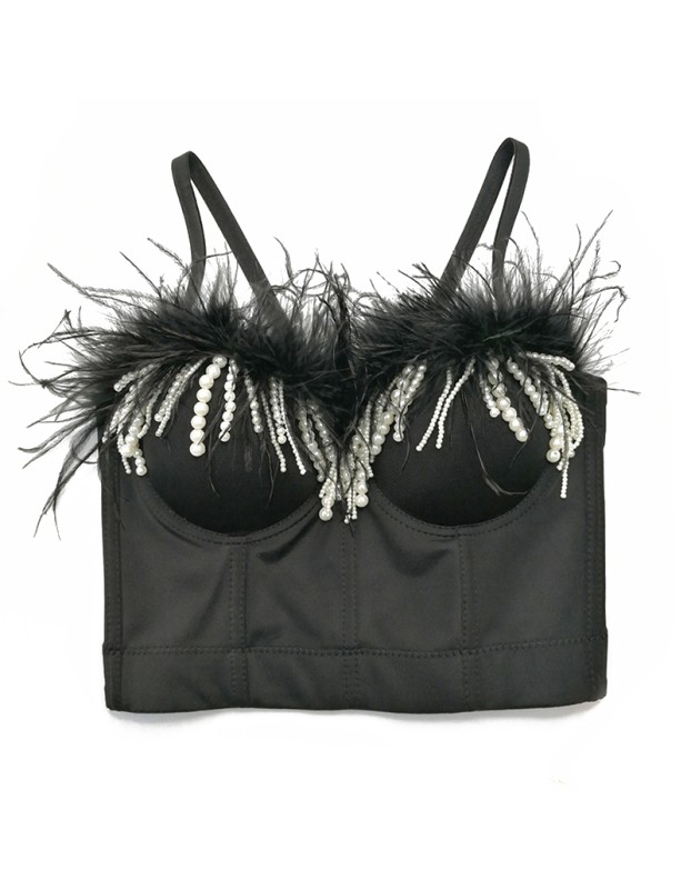 Feather Short Crop Sexy Nailed Beaded Tassel Breast Shaper Stage Top KN8130