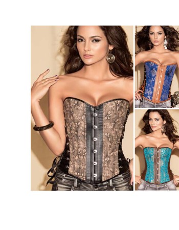 Coffee Faux Leather Trims Turquoise Brocade Corset M1219