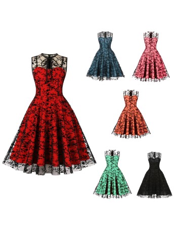 Women Gauze Embroidery Waist Sleeveless Lolita Court Swing Midlength Dress 5122