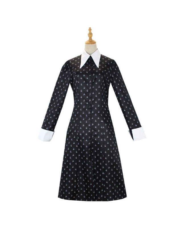Halloween Wednesday Adams Family Costume Black Print Dress Cosplay YFZ411
