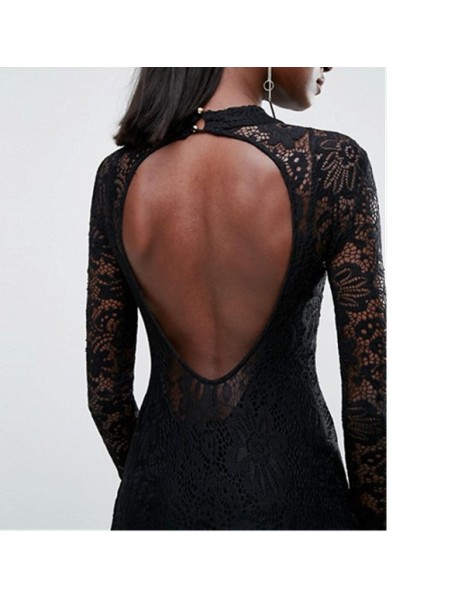 Women's Long Sleeve Black Lace Party Long Dress M18049