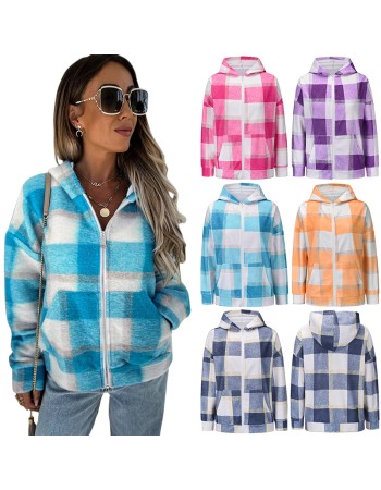 Checked Woolen Cloth Flannel Shirt Zipper Hooded Cardigan Women Coats LQ168