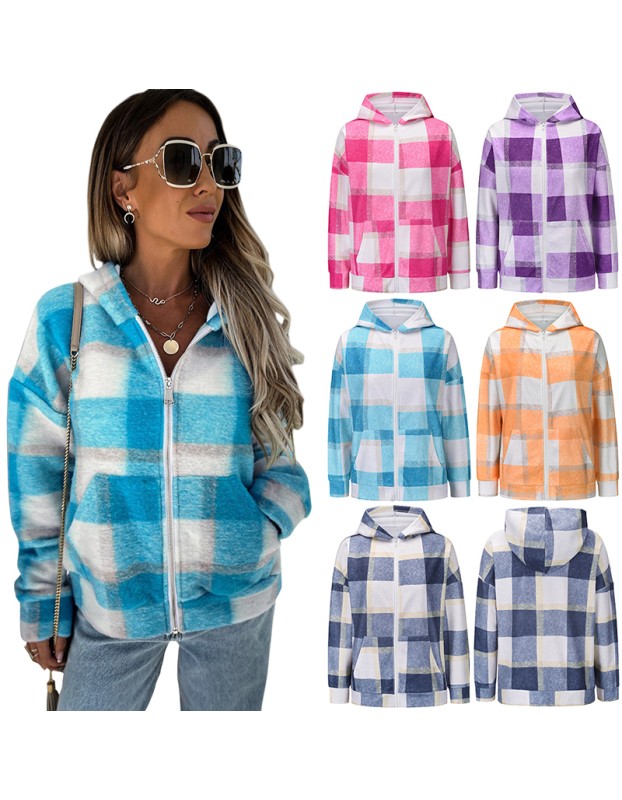 Checked Woolen Cloth Flannel Shirt Zipper Hooded Cardigan Women Coats LQ168