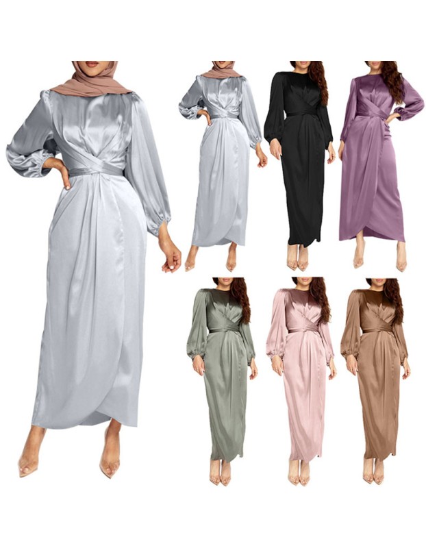 Arabian Satin Smooth Bulk Muslim Party Solid Color Evening Dress 20386