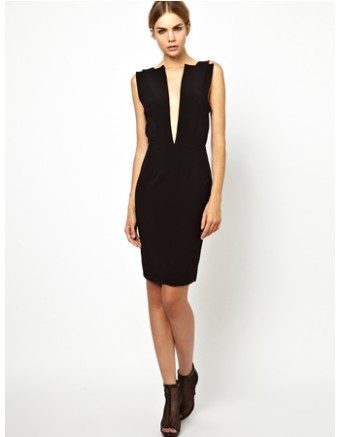 Black Open Front Patchwork Bodycon Dress Sexy Midi Dress M3623